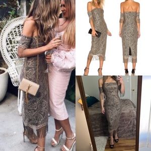 MISHA Mirielle Dress gold black fringe midi lace dress